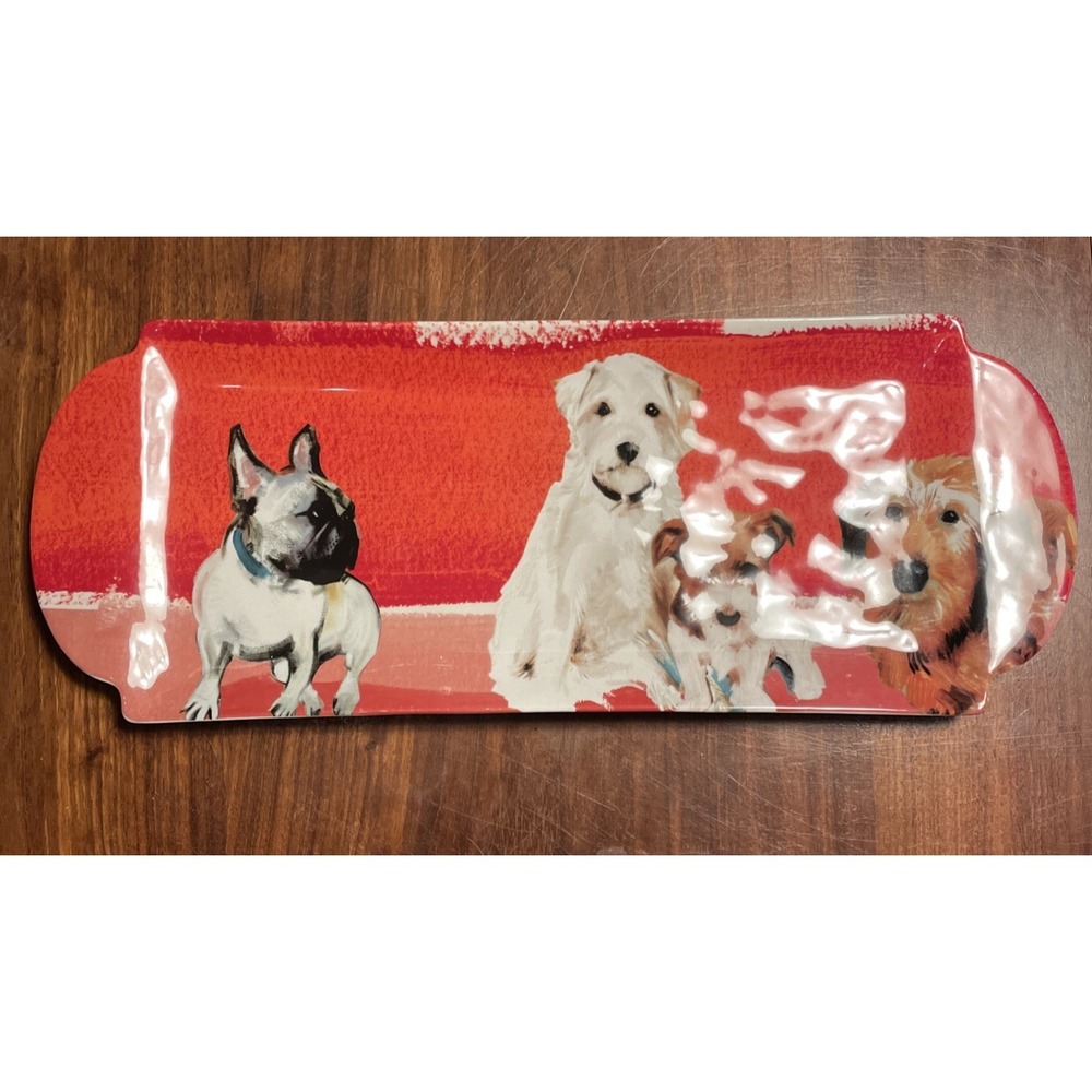 Sally Muir Anthropologie Dogs Frenchie Stoneware Serving Tray Platter RED